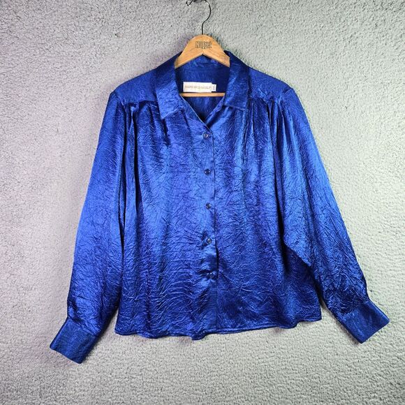 Vintage Howard Wolf Cobalt Blue Crinkle Puff Sleeve Button Up Top Statement 80s - Picture 1 of 15